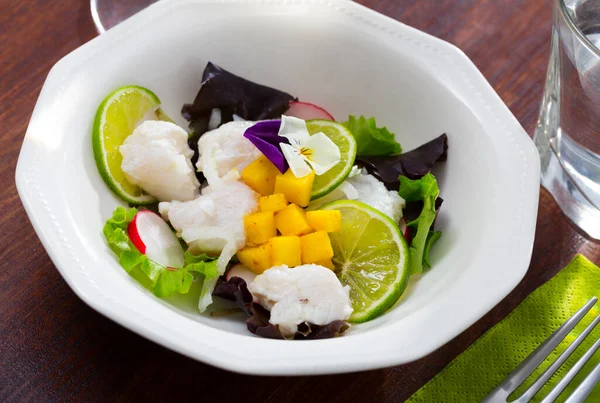 Delicious Whitefish Ceviche Mango Lime Served White Plate — Stock Photo, Image