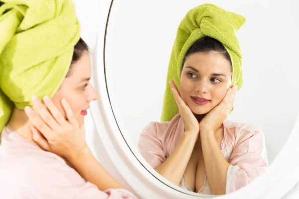 Young Female Touching Face Using Mirror Bedroom Morning — Stock Photo, Image