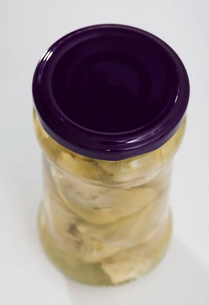 Close Glass Jar Marinated Artichokes Table — Stock Photo, Image