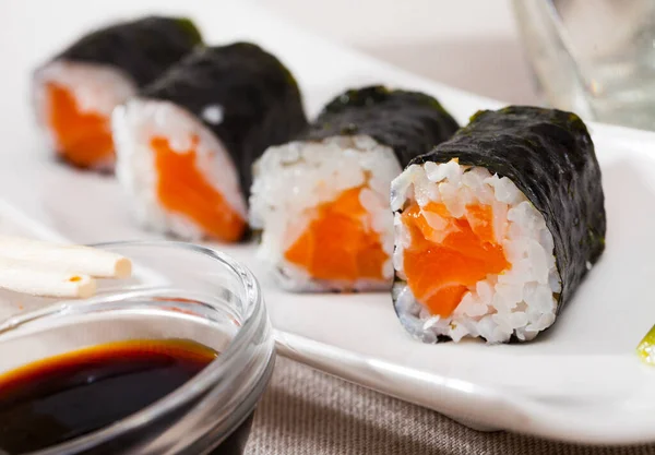 Delicious Makizushi Set Salmon Served White Plate Piquant Wasabi Paste — Stock Photo, Image