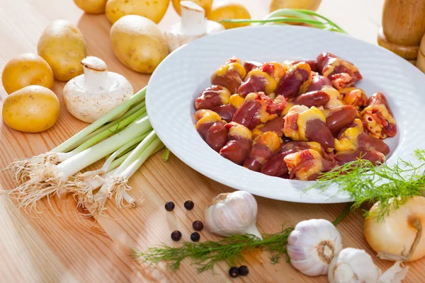 Top View Raw Freshness Uncooked Chicken Hearts Plate Table — Stock Photo, Image