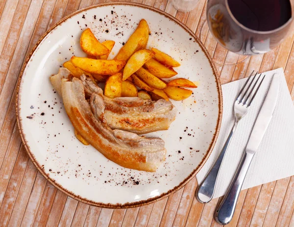 Grilled Pork Belly Slices Baked Potato Plate Homemade Dinner — Stock Photo, Image