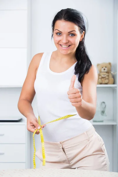 Woman Standing Room Measures Waist Measuring Tape — Stock Photo, Image