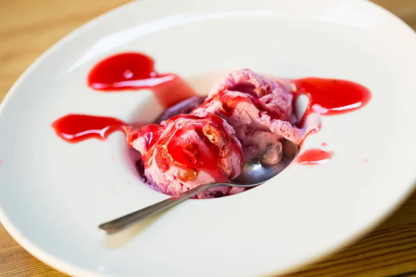 Two Balls Pink Ice Cream Berry Topping Served White Plate — Stock Photo, Image