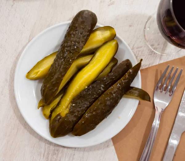 Homemade Organic Marinated Pickled Cucumbers Small Ceramic Plate Ukrainian Food — Stock Photo, Image