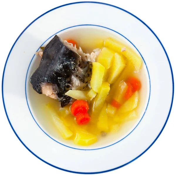 Sopa Pescado Espesa Con Cabeza Salmón Patatas Rodajas Zanahorias Servidas — Foto de Stock