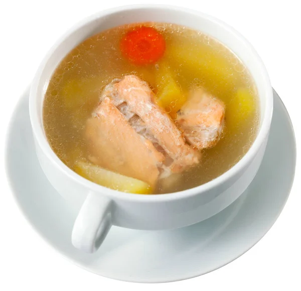 Apetitiva Rica Sopa Salmón Con Papas Zanahorias Servida Espiga Blanca — Foto de Stock