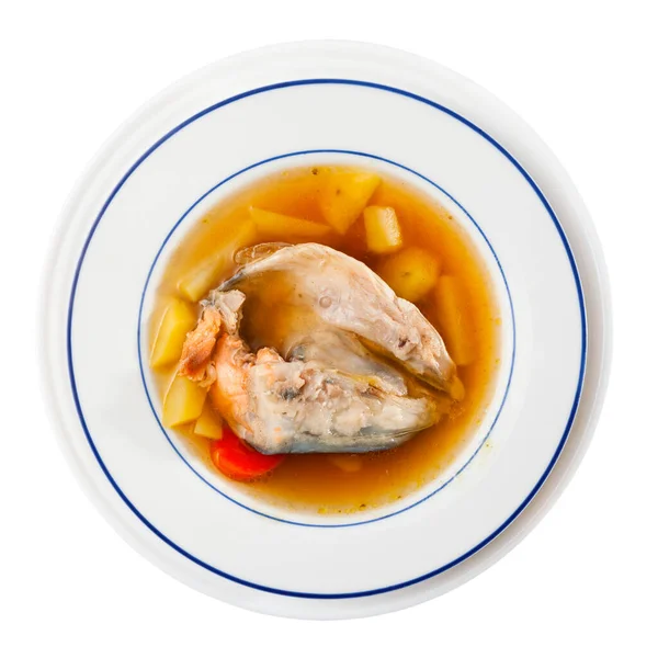 Sopa Peixe Com Ossos Salmão Cabeça Batata Cenoura Isolado Sobre — Fotografia de Stock