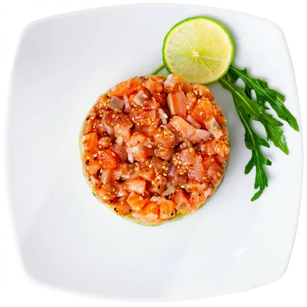 Gourmet Salmon Tartare Guacamole Served White Plate Isolated White Background — Stock Photo, Image