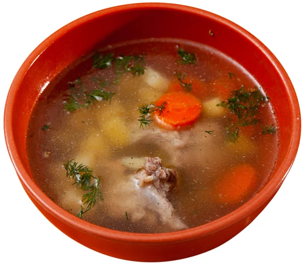 Tigela Com Sopa Carne Cozida Isolado Sobre Fundo Branco — Fotografia de Stock