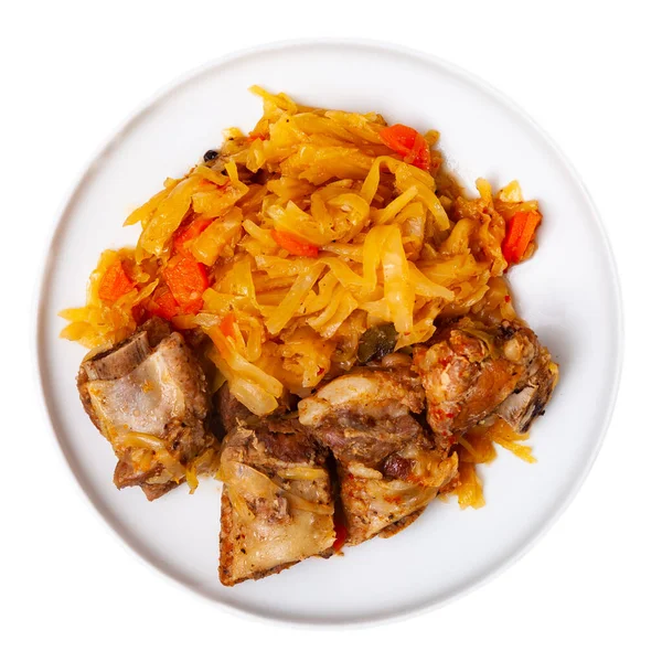 Traditional Russian Cuisine Stewed Cabbage Chopped Pork Meat Isolated White — Stock Photo, Image