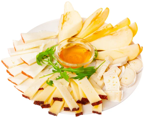 Different Types Cheese Sliced Served Plate Little Bowl Honey Isolated — Stock Photo, Image
