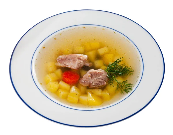 Hearty Homemade Soup Pork Meat Bone Vegetables Served Greens Isolated — Stock Photo, Image