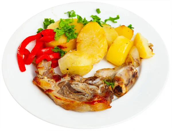 Appetizing Side Dish Baked Lamb Leg Potatoes Red Pepper Decorated — Stock Photo, Image