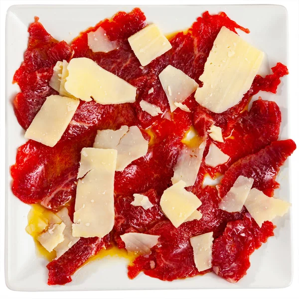 Appetizing Fresh Meat Carpaccio Thinly Sliced Raw Veal Served Cheese — Stock Photo, Image