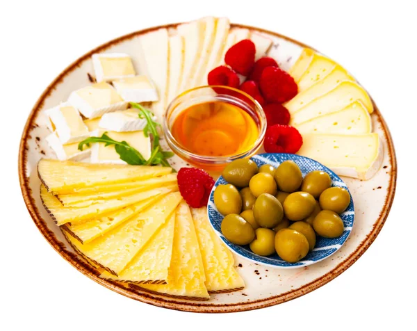 Various Types Cheese Honey Raspberries Olives Isolated White Background — Stock Photo, Image