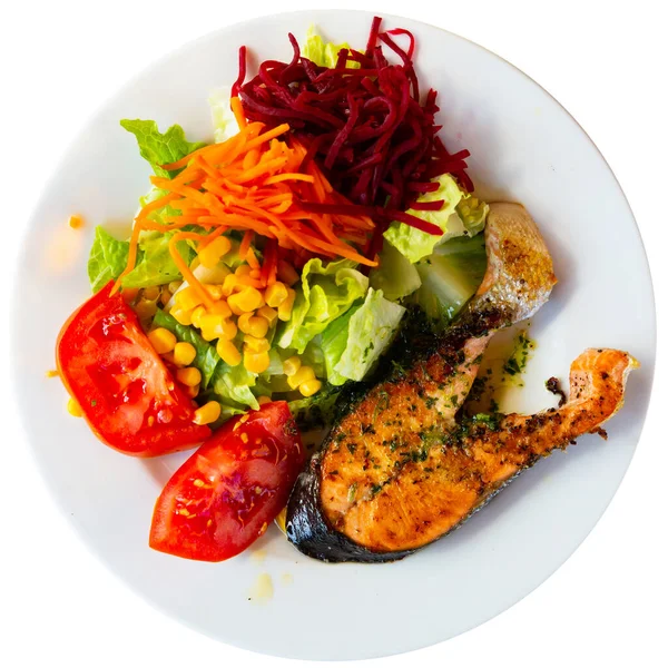 Appetizing Baked Salmon Steak Seasoned Fragrant Herb Sauce Served Salad — Stock Photo, Image