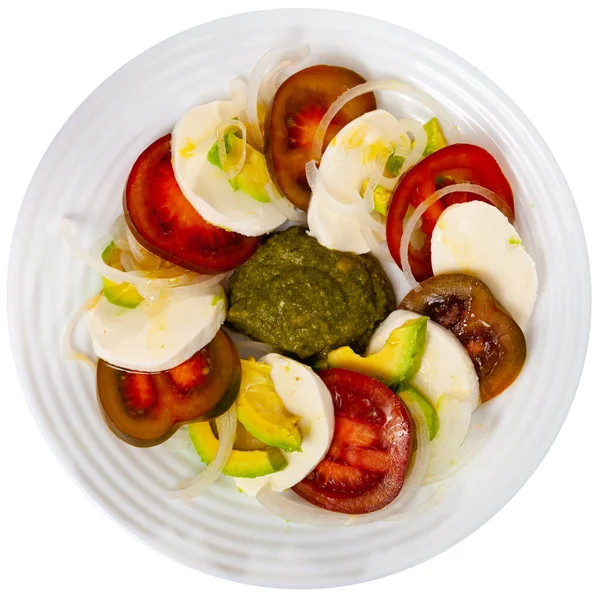 Köstlicher Italienischer Salat Mit Frischen Tomaten Zartem Mozzarella Zwiebelscheiben Und — Stockfoto