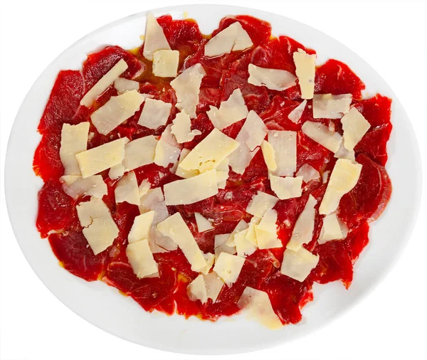 Carpaccio Cheese Served Plate Dish Made Raw Beef Meat Isolated — Stock Photo, Image