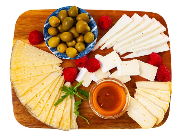 Different Types Cheese Sliced Served Board Little Bowl Honey Marinated — Stock Photo, Image