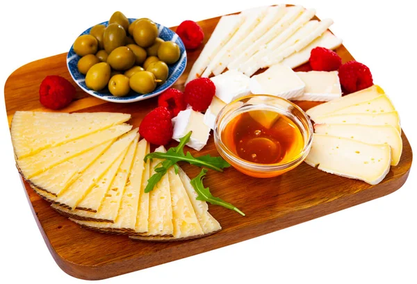 Cheese Plate Assortment Cheese Raspberry Green Olives Honey Ceramic Plate — Stock Photo, Image