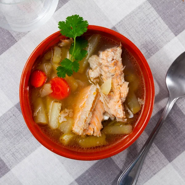 Deliciosa Abundante Sopa Salmón Casero Con Papas Zanahorias Decoradas Con — Foto de Stock