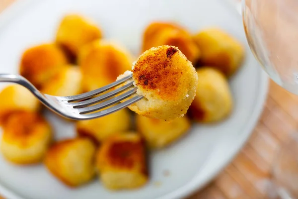 Closeup Small Savory Cheese Croquette Crunchy Deep Fried Coating Creamy — Stock Photo, Image