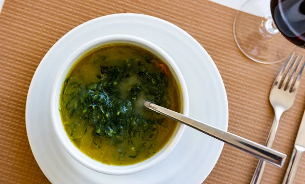 Soupe Portugaise Caldo Verde Servi Dans Bol Sur Table Avec — Photo
