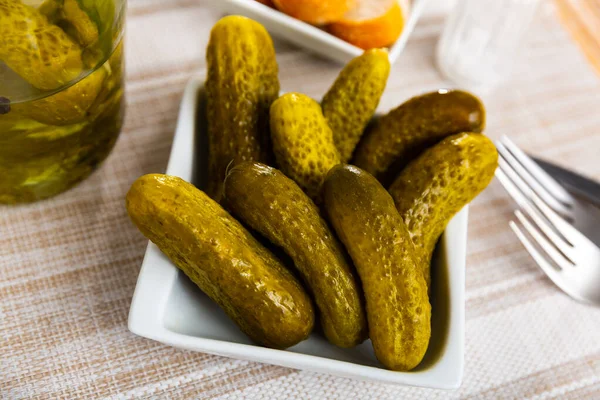 Bunch Pickled Cucumbers Plate Marinated Appetizer Table — Stock Photo, Image