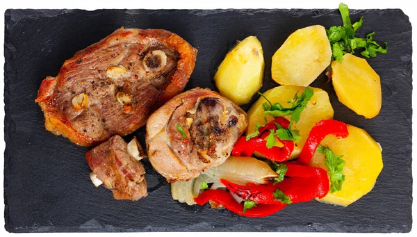 Appetizing Fried Lamb Leg Steaks Garnished Baked Potatoes Red Pepper — Stock Photo, Image
