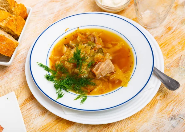 Plato Tradicional Ruso Sopa Col Cocinada Caldo Carne Base Chucrut — Foto de Stock