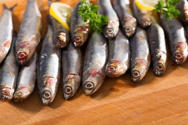 Fresh Raw Anchovies Served Wooden Surface — Stock Photo, Image
