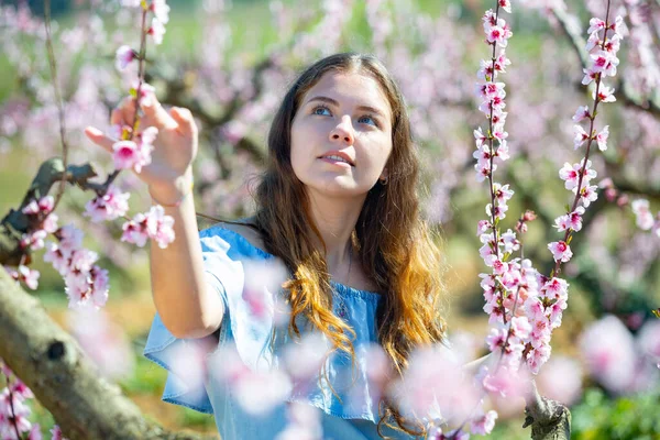 春の晴れた日に桃の木が咲く横に立つ若い女性の肖像画 — ストック写真