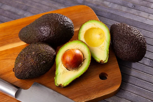 Raw Ripe Avocado Wooden Table Ingredients Cooking Home — Stockfoto