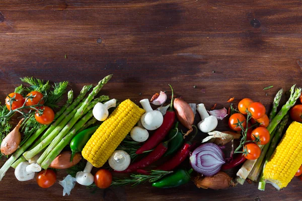 Natural Wooden Background Fresh Vegetables Assortment Mushrooms Vegan Cooking Concept — Stockfoto