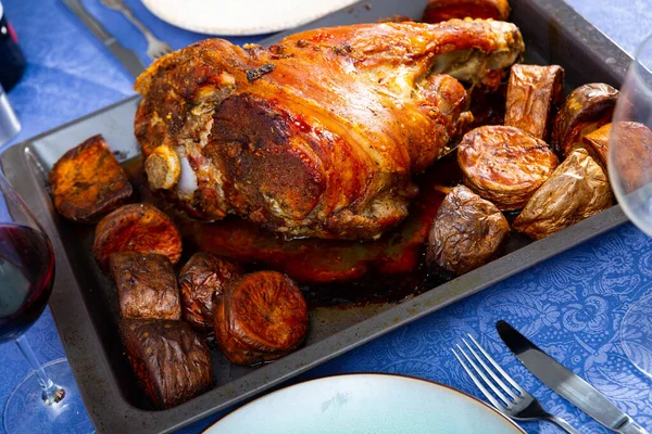 Baked Ham Potatoes Baking Sheet Closeup — Stock Photo, Image