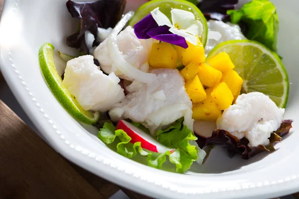 Ceviche Lezat Dengan Fillet Ikan Kod Mangga Kapur Dan Hijau — Stok Foto