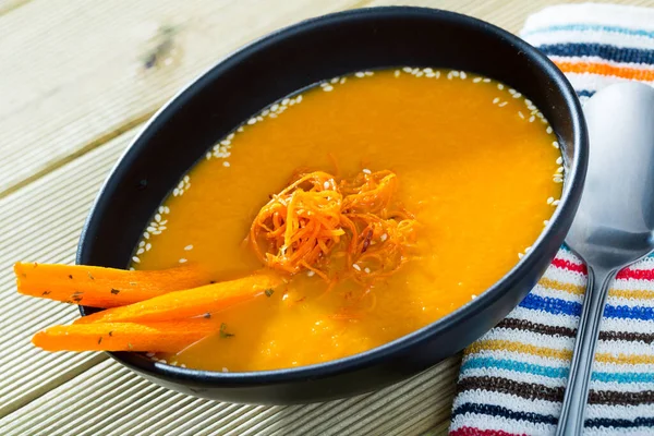 Close Tasty Boiled Vegetarian Carrot Cream Soup Served Plate — Stock Photo, Image