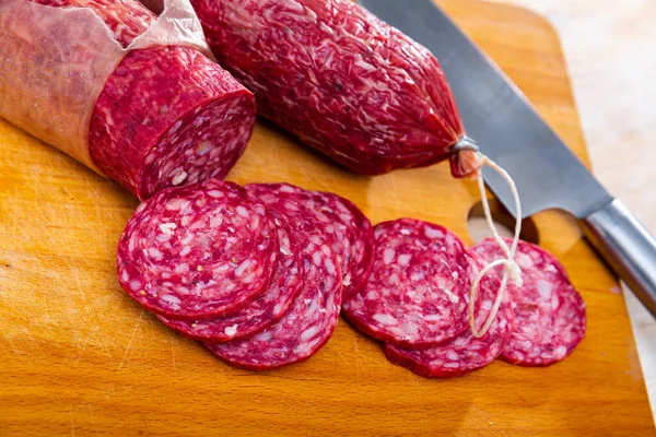 Popular Spanish Salchichon Cured Sausage Cut Pieces Table Close Image — Stock Photo, Image
