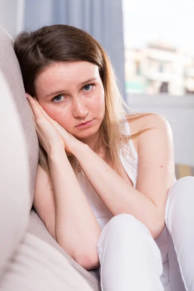 Young Female Thoughtful Bored Alone Home — Stock Photo, Image