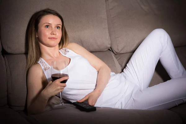 Girl Resting Wine Watching Home — Stock Photo, Image