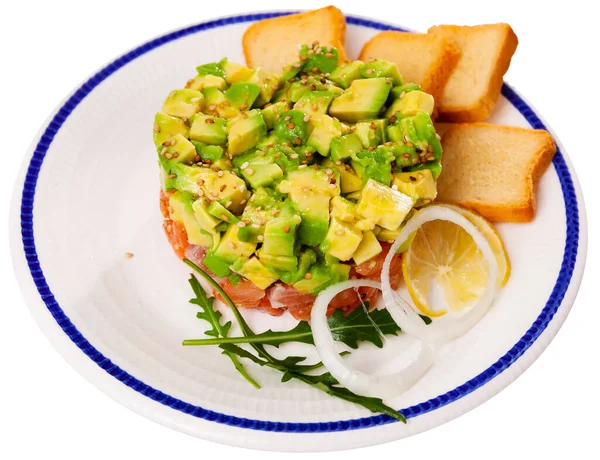 Raw Salmon Tartare Avocado Sesame Seeds Served Toasted Bread Lemon — Stock Photo, Image