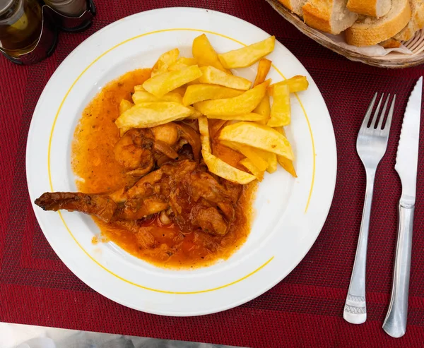 Kızarmış Patatesle Pişirilmiş Lezzetli Tavşanın Mezeleri Soslu Bir Tabak Servis — Stok fotoğraf