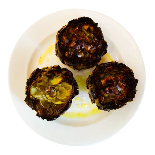 Whole Roasted Artichokes Served Plate Delicious Vegetable Dinner Isolated White — ストック写真
