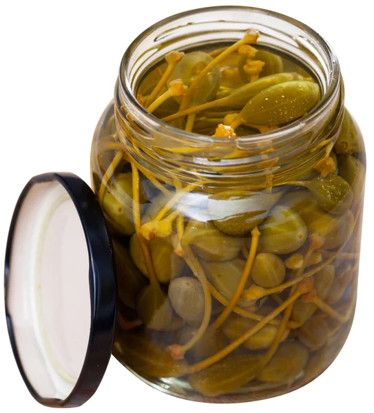 Glass Jar Preserved Spanish Capers Opened Lid Isolated White Background — Stock Photo, Image