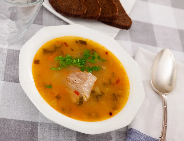 Rassolnik Russian Soup Made Pearl Barley Pickled Cucumbers Meat Portion — Stockfoto