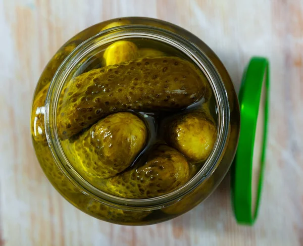 Marinated Cucumbers Glass Jar Wooden Background — Stock Photo, Image