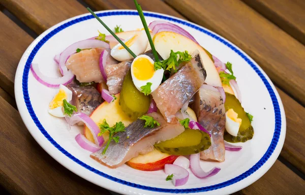 Traditional Norwegian Dish Salad Herring Apples Pickles Quail Egg — Foto Stock