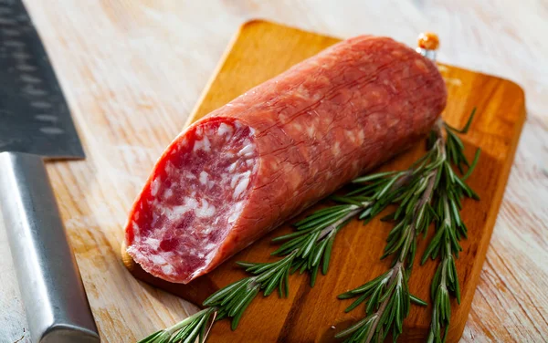 Salchichon Traditional Spanish Dry Cured Pork Sausage Wooden Table — Stock Photo, Image