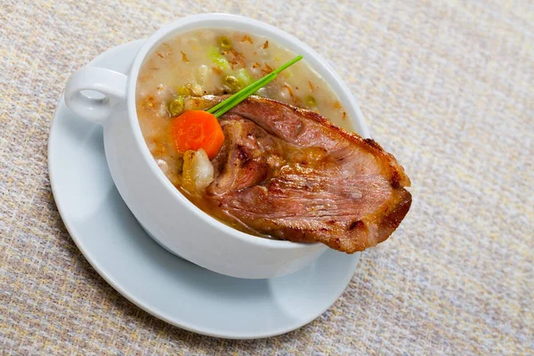 Mutton Potage Green Peas Cabbage Pearl Barley Served Bowl — Foto de Stock